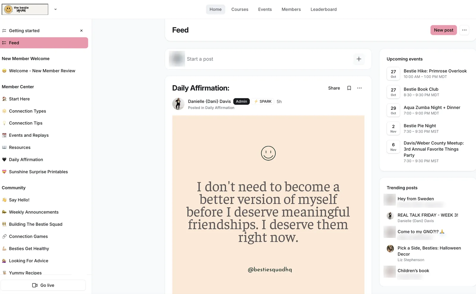 Screenshot: The Bestie Squad community feed on a laptop, with a Daily Affirmation from Dani, upcoming events and trending posts