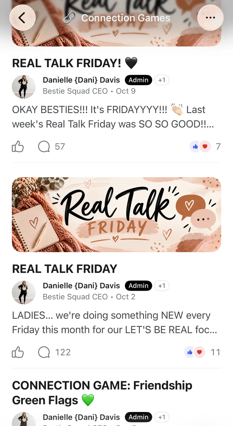 Screenshot: Real Talk Friday posts from Dani in the Connection Games space