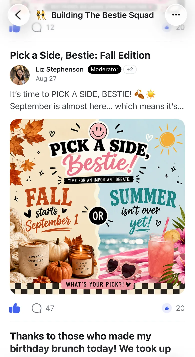 Screenshot: A “Pick a Side, Bestie: Fall Edition” post from moderator Liz in Building The Bestie Squad